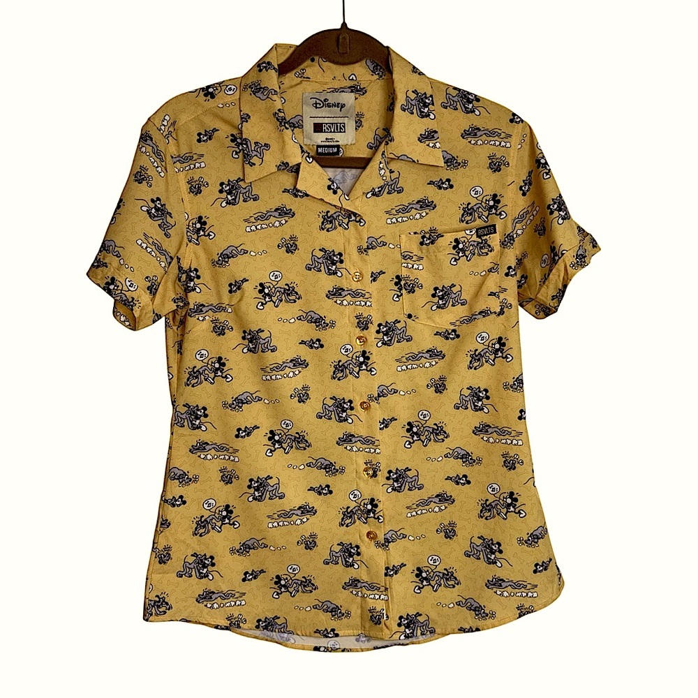 RSVLTS Ladies Yellow Disney Mickey Cartoon Button Up Shirt Medium